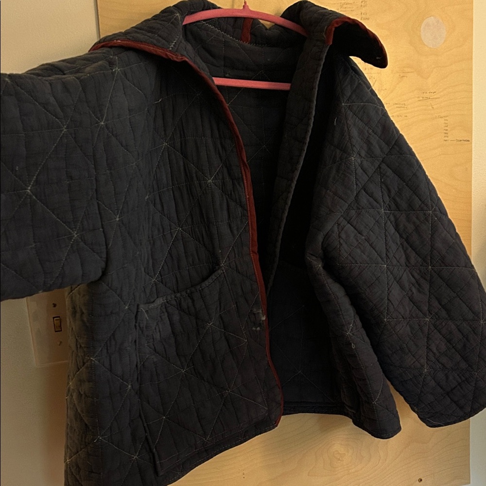 Boxy blue cotton crop vintage patchwork quilt coat with pockets